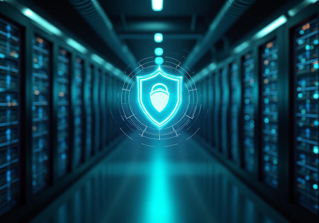 Digital shield overlaid on a professional maritime data center